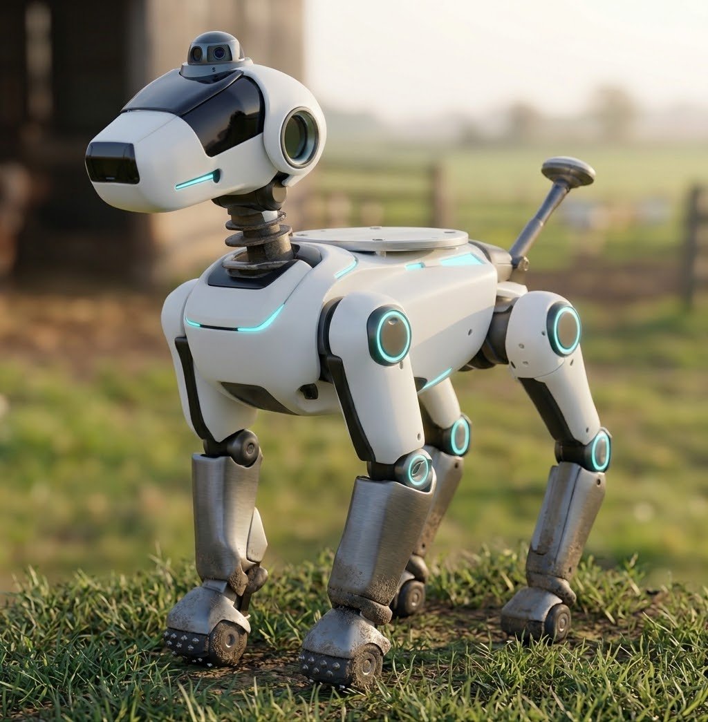 XiRo P.C. Perro Companion standing on grass at the edge of a farm field, white body with cyan joint lights